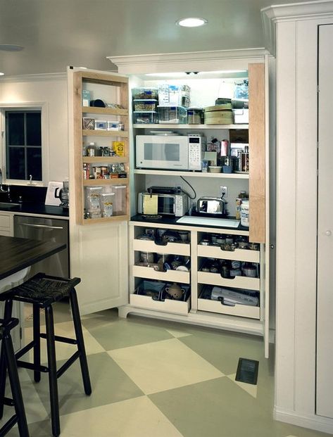 Creative ways to hide your small kitchen appliances – SheKnows Hide Appliances, Kitchen Appliance Storage, Hidden Kitchen, Outdoor Kitchen Appliances, Appliances Storage, Kitchen Pantry Design, Kitchen Pantry Cabinets, Kitchen Design Decor, Pantry Design