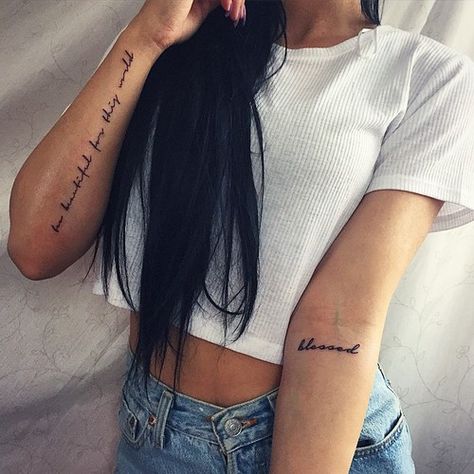 Word blessed inked on the left inner arm, and quote ‘too beautiful for this world’ on the right forearm Tattoo Bras Homme, Blessed Tattoos, Inner Arm Tattoos, Simple Arm Tattoos, Bauch Tattoos, Meaningful Tattoos For Women, Upper Arm Tattoos, Small Meaningful Tattoos, Inspiration Tattoos