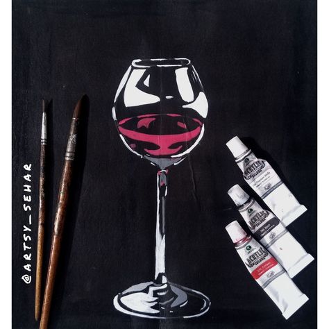 Easy Wine Glass Painting On Canvas, Wine Glass Drawing, Glass Drawing, Black Background Painting, Shadow Painting, Monochrome Painting, Spilled Wine, Black Paper Drawing, Wine Painting