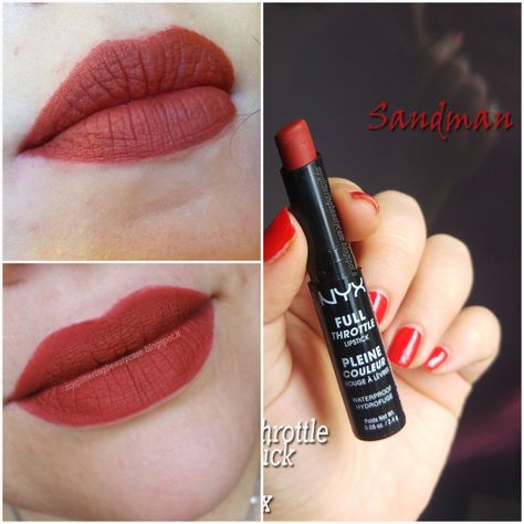 NYX Full Throttle lipstick in Sandman . Pretty vintage shade that's a rusty brick red Rusty Red Lipstick, Vintage Lipstick Colors, Brick Red Lipstick Makeup, Brick Red Lipstick Drugstore, Brick Color Lipstick, Nyx Red Lipstick, Brick Lipstick, Vintage Red Lipstick, Brick Red Lipstick