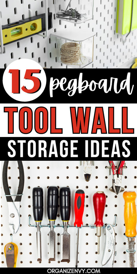 Tools and hardware stored on a pegboard wall Diy Garage Pegboard, Outline Tools On Pegboard, Power Tool Holder Diy, Hanging Tools In Garage, Electrical Cord Storage Ideas, Tool Wall Storage Diy, Peg Board Tool Organization, Pegboard Tool Organization, Pegboard Tool Storage