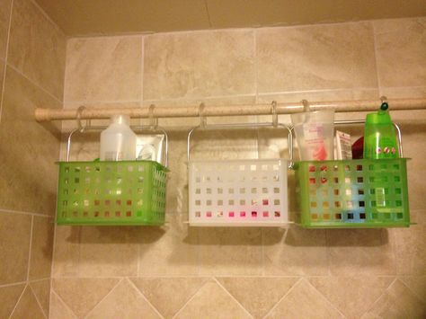 Shower storage! Bins I found at work, shower curtain hooks, and a shower tension rod. So easy and no yucky water rings from bottles sitting on the sides of the shower! BAM! Chicken Wire Shelves, Plastic Totes, Bathroom Shower Organization, Diy Curtain Rods, Tension Rods, Shower Rings, Water Rings, Shower Storage, Shower Organization