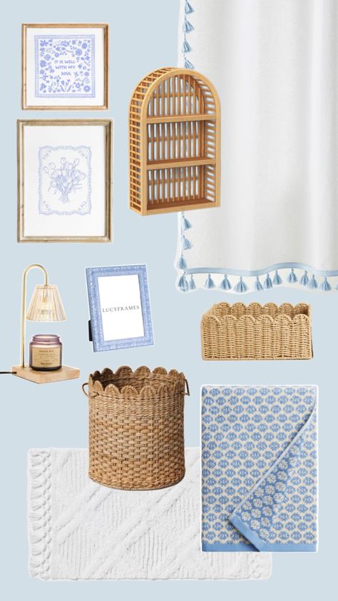 Grandmillennial Bathroom Decor, Light Blue Bathroom Aesthetic, Simple Apartment Bathroom, Postgrad Apartment, Grand Millennial Bathroom, Blue Bathroom Aesthetic, Blue White Bathroom, Blue White Bathrooms, Dorm Themes