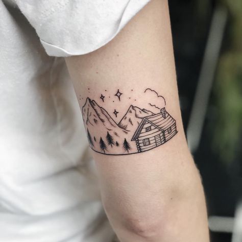 Cabin Tattoo, Snow Tattoo, Wood Tattoo, Cabin Mountain, Globe Tattoos, Forest Tattoo, Forest Tattoos, Dad Tattoos, Mountain Tattoo