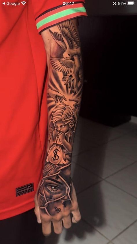 Hand And Arm Tattoos For Guys, Black And Red Tattoo Sleeve, Arm Sleeve Tattoos For Guys, Arm Tattoos Men, Geometric Tattoo Hand, Unique Hand Tattoos, Inside Of Arm Tattoo, Tato Flash, Full Hand Tattoo