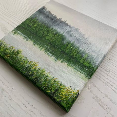 Pine Forest Painting Acrylic, How To Paint A Lake With Acrylic, How To Paint A Forest Acrylic, Mist Painting, Tree Painting Easy, Misty Landscape, Misty Lake, Pine Tree Painting, Painting Trees