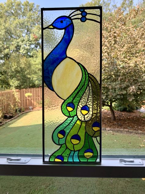 Stained glass peacock. Pattern by BlueWaterGlass CA Peacock Stained Glass Pattern, Stained Glass Peacock, Stain Glass Window Art, Glass Painting Patterns, Toucan Bird, Glass Window Art, Landscape Wall Decor, Stained Glass Birds, Peacock Pattern