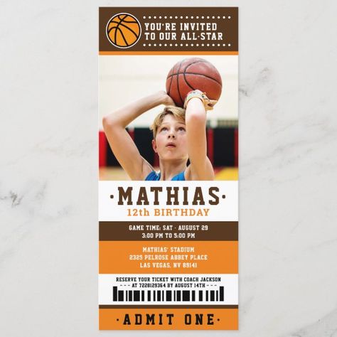 Orange Brown Basketball Ticket Birthday Photo Invitation Basketball Themed Birthday Party, Basketball Birthday Invitations, Sports Birthday Invitations, Basketball Tickets, Basketball Birthday Parties, Kids Themed Birthday Parties, Basketball Birthday, Photo Birthday Invitations, Kids Birthday Themes