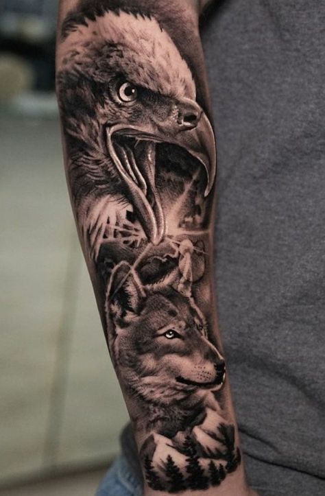 Wolf Tattoo Forearm, Eagle Head Tattoo, Front Shoulder Tattoos, Native American Tattoo, Wolf Tattoo Sleeve, Realistic Tattoo Sleeve, Landscape Tattoo, Wolf Tattoo Design, Eagle Tattoos