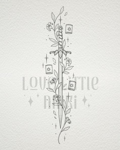 Rapunzel themed sword for the lovely Emily ☀️🗡️ I have yet to see the film but she trusted me in designing this piece based off the Rapunzel film and journal! Such a pretty piece! 🌿 #rapunzel #tattoodesign #tangled Cute Tangled Tattoos, Subtle Tangled Tattoo, Simple Tangled Tattoo, Tangled Themed Tattoo, Tangled Spine Tattoo, Disney Movie Tattoos, Repunzle Tattoo, Tangled Rapunzel Tattoo, Tangled Inspired Tattoo