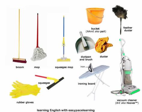 Learn the English - cleaning equipment, #Vocabulary #English Building Vocabulary, Esl Vocabulary, English Vocab, German English, English Resources, English Course, English Tips, Grammar And Vocabulary, Learn English Vocabulary