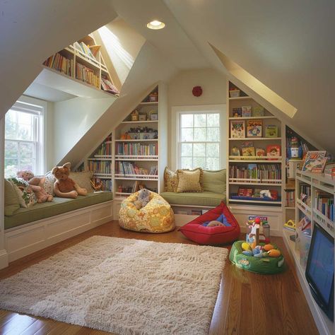 15+ Attic Room Designs Featuring Creative Playrooms for Kids • 333k+ Inspiring Lifestyle Ideas Converted Attic Playroom, Attic Room Playroom, Attic Room Office Slanted Ceiling, Renovating Attic Space, Attic Family Room Ideas, Attic Kids Bedroom Ideas, Kids Attic Room, Boys Attic Bedroom Ideas, Attic Library Ideas