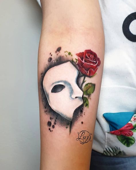 Phantom Tattoo Phantom Mask Tattoo, Phantom Of The Opera Chandelier Tattoo, Romantic Tattoos For Women, Phantom Of The Opera Rose, Theatre Tattoo Ideas, Phantom Of The Opera Drawing, Phantom Tattoo, Phantom Of The Opera Tattoo, Opera Tattoo