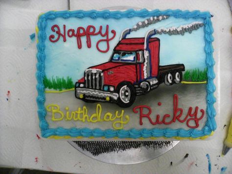 Truck Driver Birthday Cake, Truck Driver Cake, Truck And Trailer Birthday Cake, Semi Truck Birthday Cake, Trucker Theme Party Semi Trucks, Tractor Trailer Cake, Semi Cake Truck, Art Birthday Cake, Cowboy Invitations Birthday