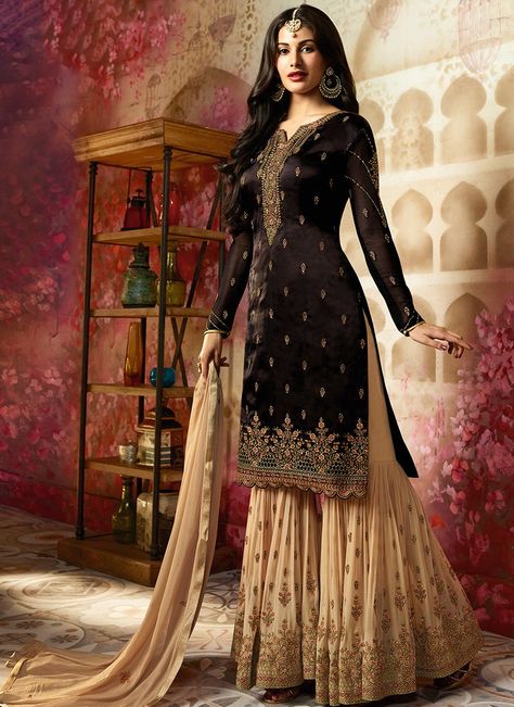 Black and Golden Cream Embroidered Gharara Suit Sarara Dress, Orang India, Sharara Designs, Designer Punjabi Suits, Sharara Suit, Salwar Kamiz, Designer Anarkali, Desi Clothes, Party Kleidung