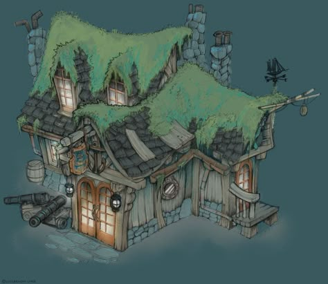 Pirate Tavern, Fantasy House Concept, Witch Hut, Fantasy Town, Environment Props, Cartoon House, Building Concept, Building Art, Fantasy House