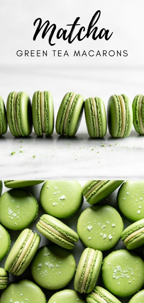 Matcha Macaron Recipe, Tea Flavored Desserts, Swiss Macarons Recipe, Macarons Matcha, Matcha Macaroons, Savory Macarons, Pistachio Macaron Recipe, Macarons Filling Recipe, Pistachio Macaroons