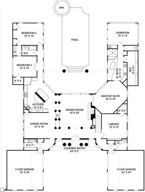 I don't like the master bath layout but I really like the u shape concept U Shaped House Plans, Master Bath Layout, U Shaped Houses, Daylight Basement, Pool House Plans, Basement Floor, Courtyard House Plans, Real Estat, Ranch House Plans