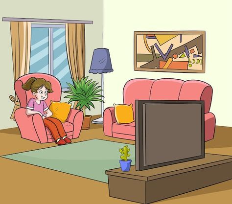 Living Room Illustration Cartoon, Girl Watching Tv, Room Vector Illustration, Tv In Living Room, Tv Illustration, Living Room Vector, Cartoon Room, Living Room Clipart, Living Room Cartoon