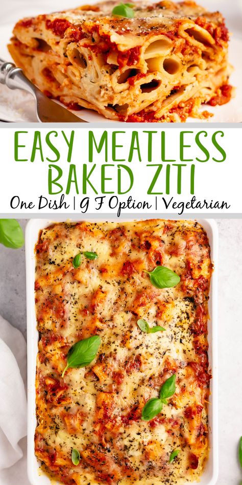 This easy meatless baked ziti is made with 3 cheeses layered in one delicious pasta dish. The ricotta, mozzarella, and parmesan melt together with the red sauce and ziti noodles for a satisfying vegetarian dinner that can easily be made gluten free. Baked in the oven in a quick 35 minutes, with only a few ingredients you likely already have in the pantry; you can't go wrong! #easymeatlessbakedziti #3cheesebakedziti #glutenfreebakedziti Baked Ziti Vegetarian, Baked Pasta Recipes Vegetarian, Meatless Baked Ziti, Ziti Noodles, Meatless Pasta Recipes, Best Baked Ziti Recipe, Baked Mostaccioli, Baked Ziti With Ricotta, Meatless Pasta