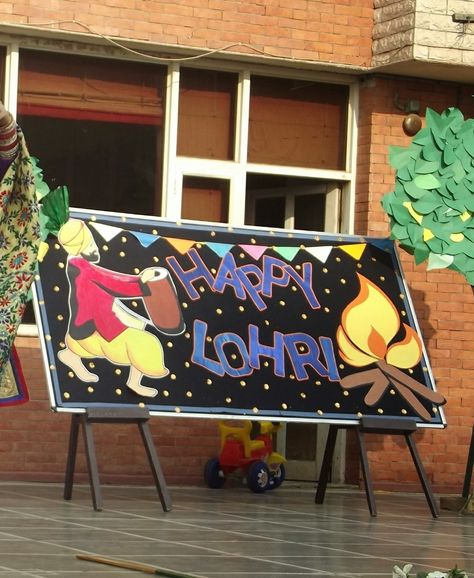 Lohri Celebration Ideas For School, First Lohri Decoration Ideas, Lohri Decoration Ideas For School Board, Board Decoration On Lohri, Makar Sankranti Board Decoration Ideas, Lohri Decoration Ideas For School, Lorhi Party, Lohri Craft, Lohri Party Decor