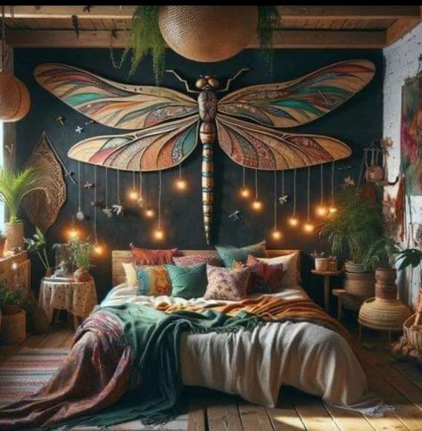 Bali Vila, Wooden Dragonfly, 2024 Interior Design, Resort Interior Design, Hippie Bedroom Decor, Boho Bedroom Design, Hanging String Lights, Unique Bedroom, Boho Style Bedroom