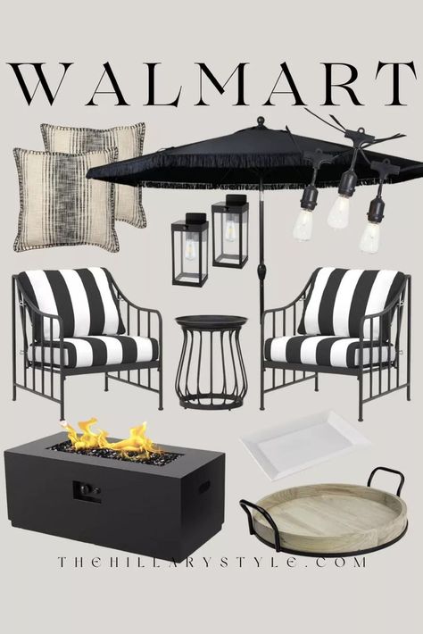 ELEVATE your Outdoor Patio Black And White Outdoor Patio Ideas, Black And White Backyard Ideas, Patio Mood Board, Black And White Patio Ideas, Black And White Deck, Black And White Patio, White Patio Furniture, Screened In Porch Furniture, Black Outdoor Furniture