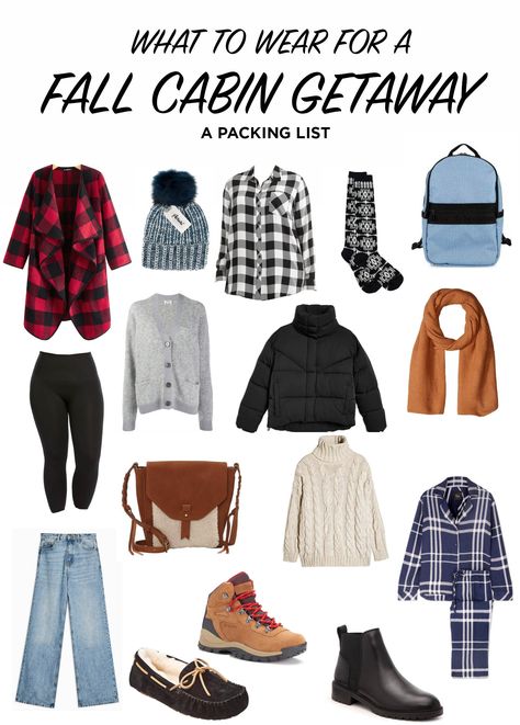 A simple, functional and stylish packing list for a fall vacation to a cabin or the woods. Pieces can be mixed and matched to create seven outfits! Cabin Clothes Winter, Cabin Weekend Outfit Fall, Outfits For Cabin Weekend, Fall Mountain Weekend Outfits, Outfits For Camping Fall, Cozy Cabin Clothes, Fall Cabin Getaway Outfits, Fall Weekend Trip Outfits, Cabin Fall Outfits