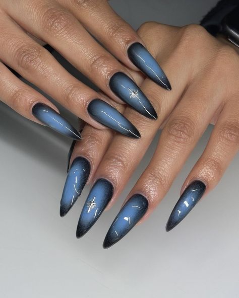 kayla 🫧 | blue aura 🌟💙 using @apresnailofficial natural long almond tips ✨ • • • #nails #nailartist #nailtech #longnails #auranails #bluenails… | Instagram Almond Tips Nails, Blue Emo Nails, Aura Nails Fall Colors, Black And Blue Aura Nails, Aura Nail Designs Almond, Black And Blue Nail Designs, Nails Black And Blue, Dark Almond Nails, Black Blue Nails