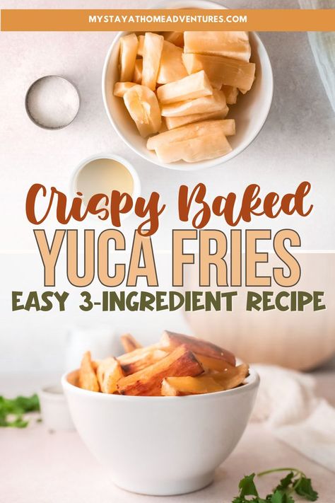 Crispy baked yuca fries made with just 3 simple ingredients, shown from preparation to final serving. A perfect gluten-free snack or side dish! Yuka Fries, Fried Yucca Air Fryer, Yuca Frita Air Fryer, Fried Yuca Fries, Yuca Fries, Yuca Recipes, Hearty Snacks, 3 Ingredient Recipes, Quick Snack