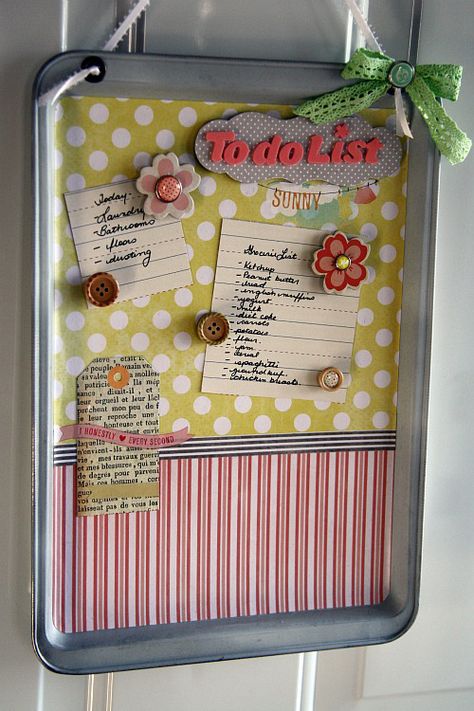 Magnetic Memo Board by Cindy Stevens - I've been meaning to make one of these for a while now... I just need to DO IT!!! haha I ♥ the Chipboard Magnets!! :) Cookie Sheet Crafts, Clipboard Ideas, Magnet Boards, Cutlery Art, Magnetic Memo Board, Secret Sister, Cookie Sheets, Clip Board, Magnet Board