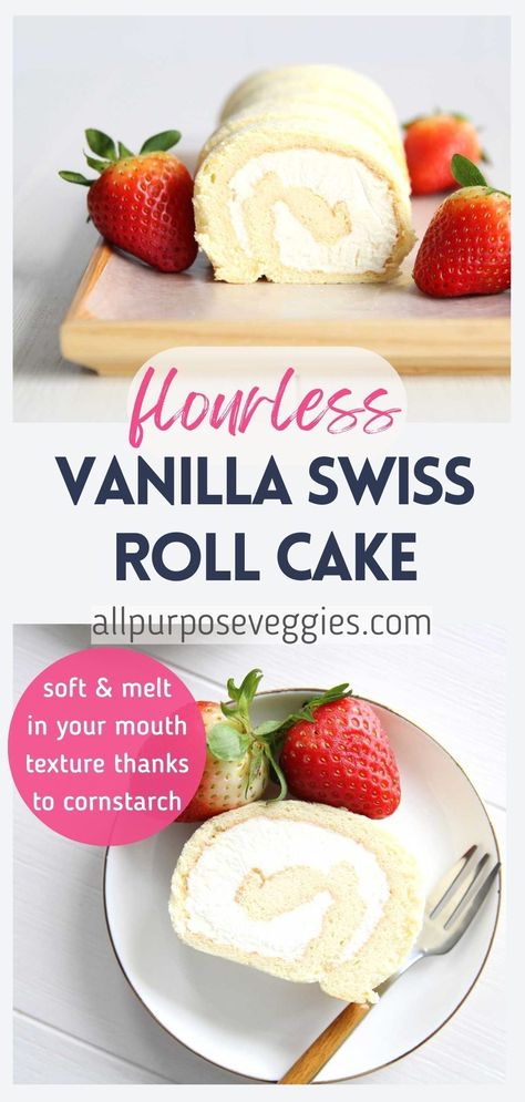 This Vanilla Swiss Roll cake is insanely soft and surprisingly light - sure to satisfy even your sweetest cravings! Inspired by the Japanese roll cake recipes that use cornstarch instead of cake flour, this gluten-free dessert has an airy and delicate crumb that practically melts in your mouth. #rollcake #swissroll #glutenfreecake #japaneserollcake #vanillaswissroll Soft Gluten Free Desserts, Vegan Cake Roll Recipes, Gluten Free Cake Roll, Gluten Free Roll Cake, Gluten Free Swiss Roll Cake, Quick And Easy Gluten Free Desserts 3 Ingredients, Japanese Gluten Free Recipes, Gluten Free Swiss Roll, Vanilla Swiss Roll