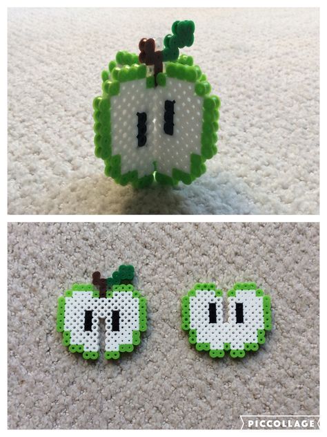 Perler beads green 3-D apple Perler Bead Crayon, Standing Perler Bead Patterns, Things To Make With Iron Beads, Apple Perler Bead Patterns, 3d Iron Beads, Pyssla Ideas Mini, Green Perler Beads, Tiny Perler Bead Patterns Easy, Apple Perler Beads