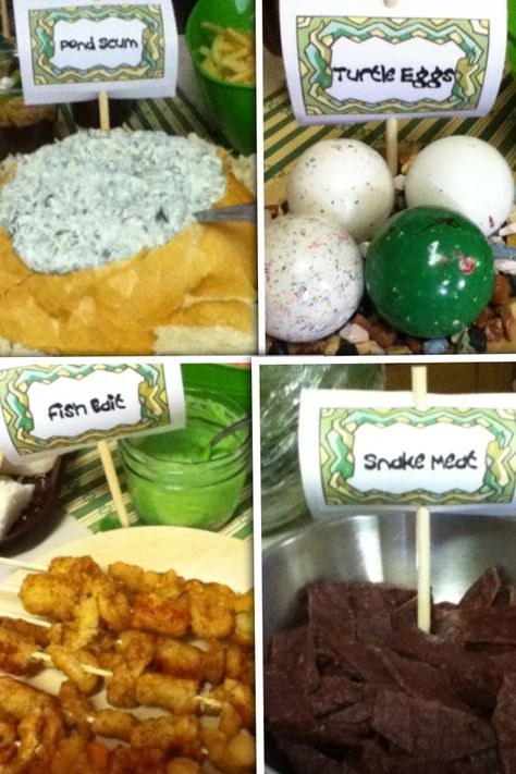 Reptile party food. Pond Scum=spinach dip in bread bowl; Turtle egg=jawbreakers on a bed of chocolate candy rocks; Fish bait=popcorn shrimp, clam strips and tater tots on a skewer with green-tinted tartar sauce; Snake meat=beef jerky. Reptile Party Food, Safari Theme Party Food, Spinach Dip In Bread Bowl, Dip In Bread Bowl, Lizard Party, Pond Party, Reptile Man, Candy Rocks, Gator Party