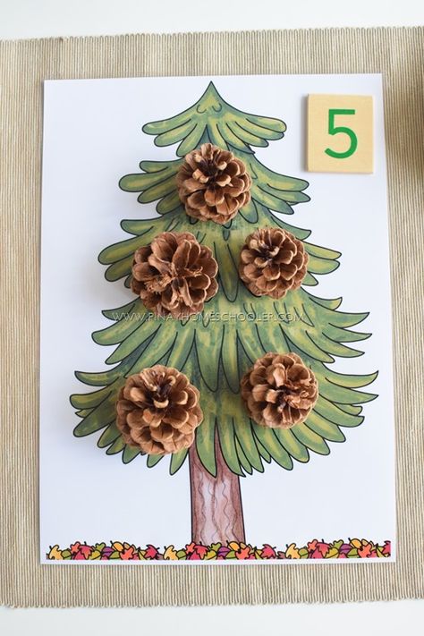 Fall Counting Activities, Pine Tree Printable, Montessori Math Activities, Forest School Activities, Diy Montessori, Tree Study, Number Five, Montessori Math, Fall Preschool