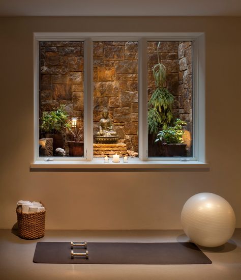 Wellness Room At Home, Wellness Rooms, Yoga Room Ideas, Egress Window Well, Basement Window Well, Calming Yoga, Kips Bay Showhouse, Cabin Remodel, Wellness Room