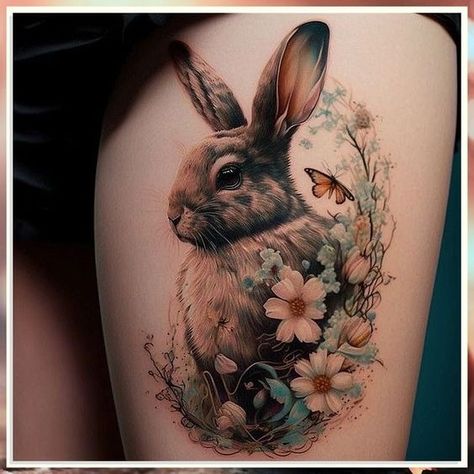 Rabbit Tattoo: In recent years, rabbit tattoos have gained in popularity and the hearts of pet owners, rabbit lovers, and tattoo enthusiasts everywhere Rabbit Flower Tattoo, Year Of The Rabbit Tattoo Design, Ava Tattoo, Rabbit Tattoo Ideas, Unique Animal Tattoos, Animal Tattoos For Women, Shoulder Sleeve Tattoos, Joker Tattoo Design, Rabbit Tattoo