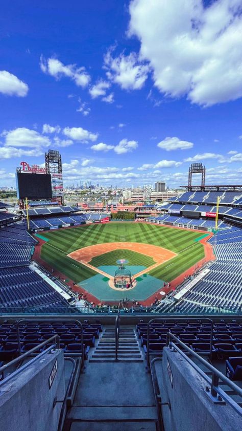 Baseball Park Wallpaper: Bringing the Spirit of the Game to Your Space Philadelphia Phillies Logo Wallpaper, Philadelphia Phillies Wallpaper, Phillies Aesthetic, Phillies Wallpaper, Phillies Stadium, Baseball Wallpapers, Los Angeles Dodgers Stadium, Baseball Phillies, Baseball Aesthetic