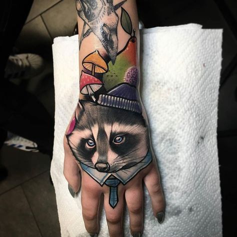 Animal Hand by@juliaszewczykowska at @juniorink.pl in Warsaw Poland. #mushrooms #racoon #juliaszewczykowska #juniorink.pl #juniorink #warsaw #poland #tattoo #tattoos #tattoosnob Poland Tattoo, Comic Book Tattoo, Knuckle Tattoos, Wonderland Tattoo, Cute Raccoon, Warsaw Poland, White Tattoo, Great Tattoos, Hand Tattoo