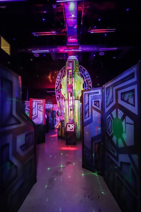 Our Laser Tag arena is over 3,000 sqaure feet filled with handpainted walls, lasers, and fog machine! Laser Tag Arena, Fog Machine, Laser Tag, Rock Climbing, Neon Signs, Tags