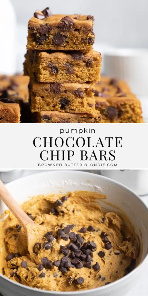 Pumpkin Chocolate Chip Bars | Browned Butter Blondie | Drop everything and bake a batch of these dangerously delicious pumpkin chocolate chip cookie bars. They’re rich and chewy with cozy pumpkin spice flavor and heaps of gooey melted chocolate. This pumpkin recipe is a fall favorite! Pumpkin Chocolate Chip Oatmeal Bars, Keto Pumpkin Chocolate Chip Bars, Pumpkin Choc Chip Bars, Pumpkin Chocolate Chip Granola Bars, Fall Bars, Pumpkin Chai Chocolate Chip Blondies, Pumpkin Chocolate Chip Bars, Nut Allergy, Chocolate Chip Bars