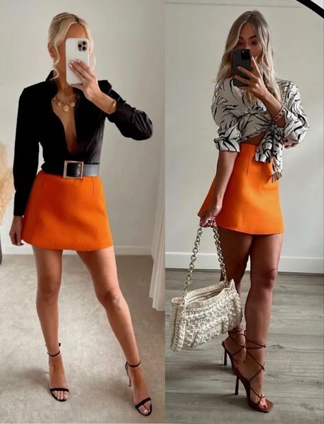 Neon Orange Skirt Outfit, Orange Mini Skirt Outfit Summer, Orange Leather Skirt Outfit, Rust Orange Skirt Outfit, Short Orange Skirt Outfit, Orange Skirt Outfit Ideas, Orange Skirt Outfit Summer, Orange Mini Skirt Outfit, Mini Pleated Skirt Outfit