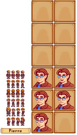 PC / Computer - Stardew Valley - Pierre - The Spriters Resource Stardew Valley Oc Template, Pierre Stardew Valley, Valley Aesthetic, Stardew Valley Tips, Sprite Sheet, Mini People, Video Game Sprites, Game Sprites, Art Pierre