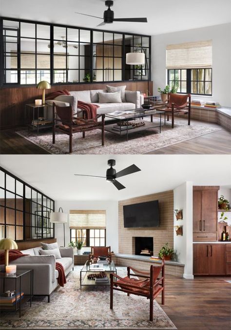 Best NEW Living Rooms by Joanna Gaines - Nikki's Plate Dark Grey Fireplace, Living Rooms With Brown Couches, Couch Shelves, Sectional Living Rooms, Fireplace Living Rooms, Living Rooms With Fireplace, Fireplace Shiplap, Brown Couches, Living Room Joanna Gaines