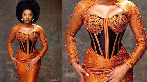 Basque Corset Dress Asoebi, Keyhole Neckline Dress, Corset Lace Gown, Sew Corset, How To Make A Corset, Lace Asoebi, Corset Sewing, Sewing Videos, African Party Dresses