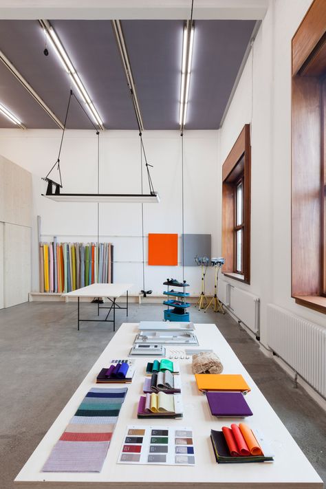 Caruso St John uses spruce boards to create studio for Kvadrat Soft Cells Acoustic Panelling, Studio Warehouse, Material Display, Caruso St John, Warehouse Interior, Industrial Design Studio, Soft Cell, Curtain Shop, Design School