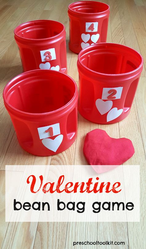 Valentine bean bag game for kids - Preschool Toolkit Valentine’s Day Gross Motor, Valentine Gross Motor Preschool, Valentines Gross Motor, Bean Bag Game, Valentine Preschool, February Preschool, Valentines Class Party, Valentine's Day Party Games, Valentine Party Game