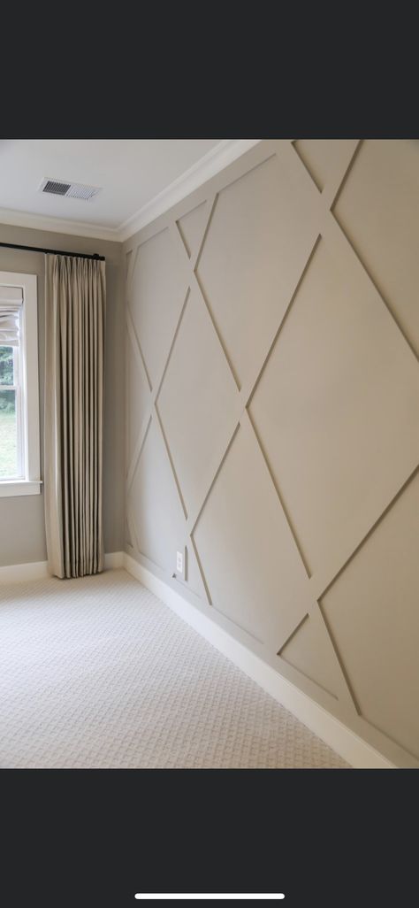 Crown Molding Bedroom Wall, Diamond Accent Wall Bedroom, Angled Wall Panelling, Crown Molding Accent Wall, Moldings And Trim Accent Walls, Accent Wall With Crown Molding, Bedroom Crown Molding, Diy Feature Wall Ideas, Wall Molding Ideas Bedroom