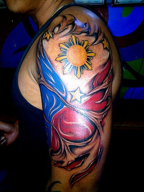 philippine flag tattoo                                                                                                                                                                                 More Sto Nino De Cebu Tattoo, Philippine Flag Tattoo, Philippines Tattoo Ideas, Pinoy Tattoo, American Tattoo Ideas, Jake Tattoo, Philippines Tattoo, Filipino Tattoo, Tattoo Chart