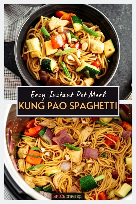 This Kung Pao Spaghetti is like your favorite Chinese takeout with flavorful pasta, chicken & veggies slathered in homemade kung pao sauce. #kungpao #spaghetti #chinese #instantpot Spaghetti Instant Pot, Creamy Tuscan Pasta, Kung Pao Spaghetti, Asian Spaghetti, Kung Pao Sauce, Easy To Make Pasta, Instant Pot Pasta Recipes, Tuscan Pasta, Noodles Chicken